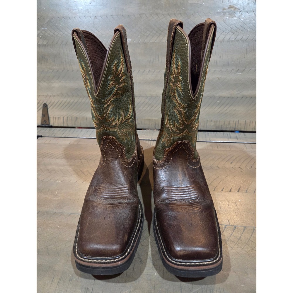 Justin Mens Stampede Square Toe Work Boots Brown Green Leather SE4687 Size 8 D
